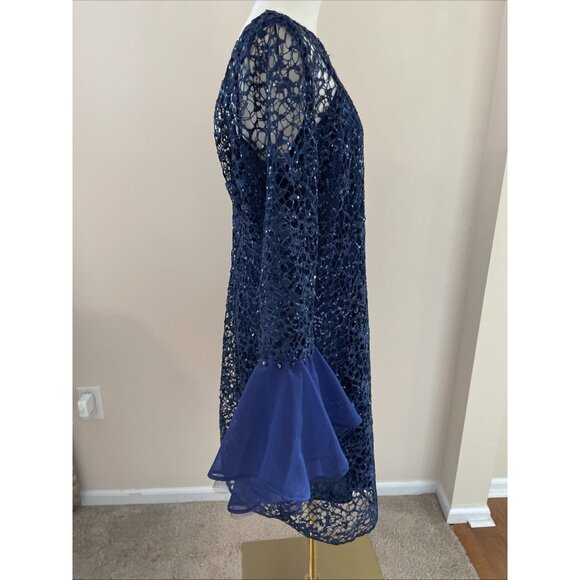 Alex Evenings Sheer Lace Sequin Dress w/ Slip Navy Bell Sleeves Fairy Whimsical - Picture 6 of 13
